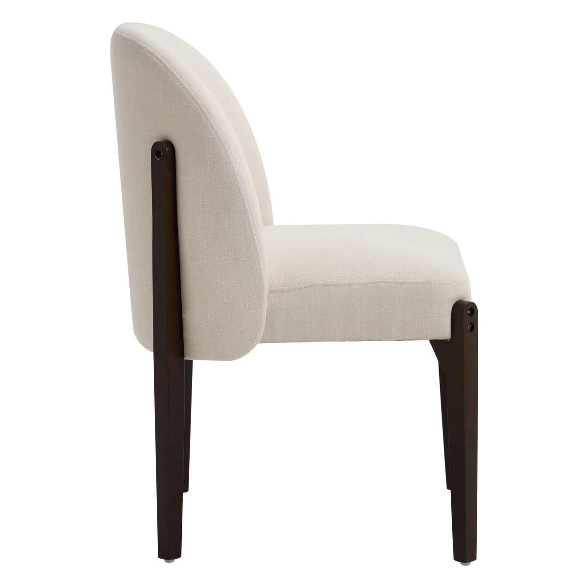 Orta beige upholstered dining chair side view with curved barrel back on white background