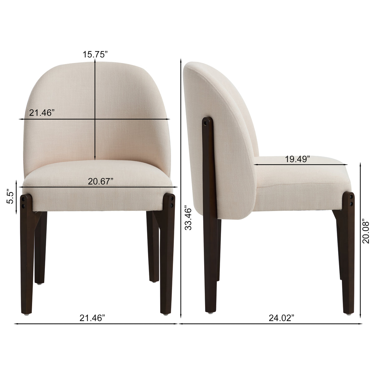 Orta gray upholstered barrel back dining chair showing product dimensions with solid rubberwood legs
