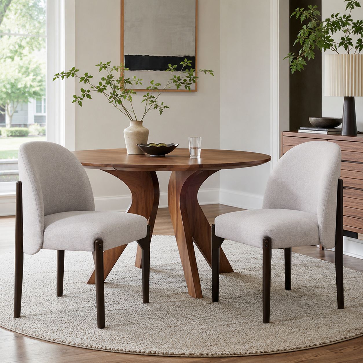 Orta gray upholstered barrel back dining chairs with solid rubberwood legs around a round dining table