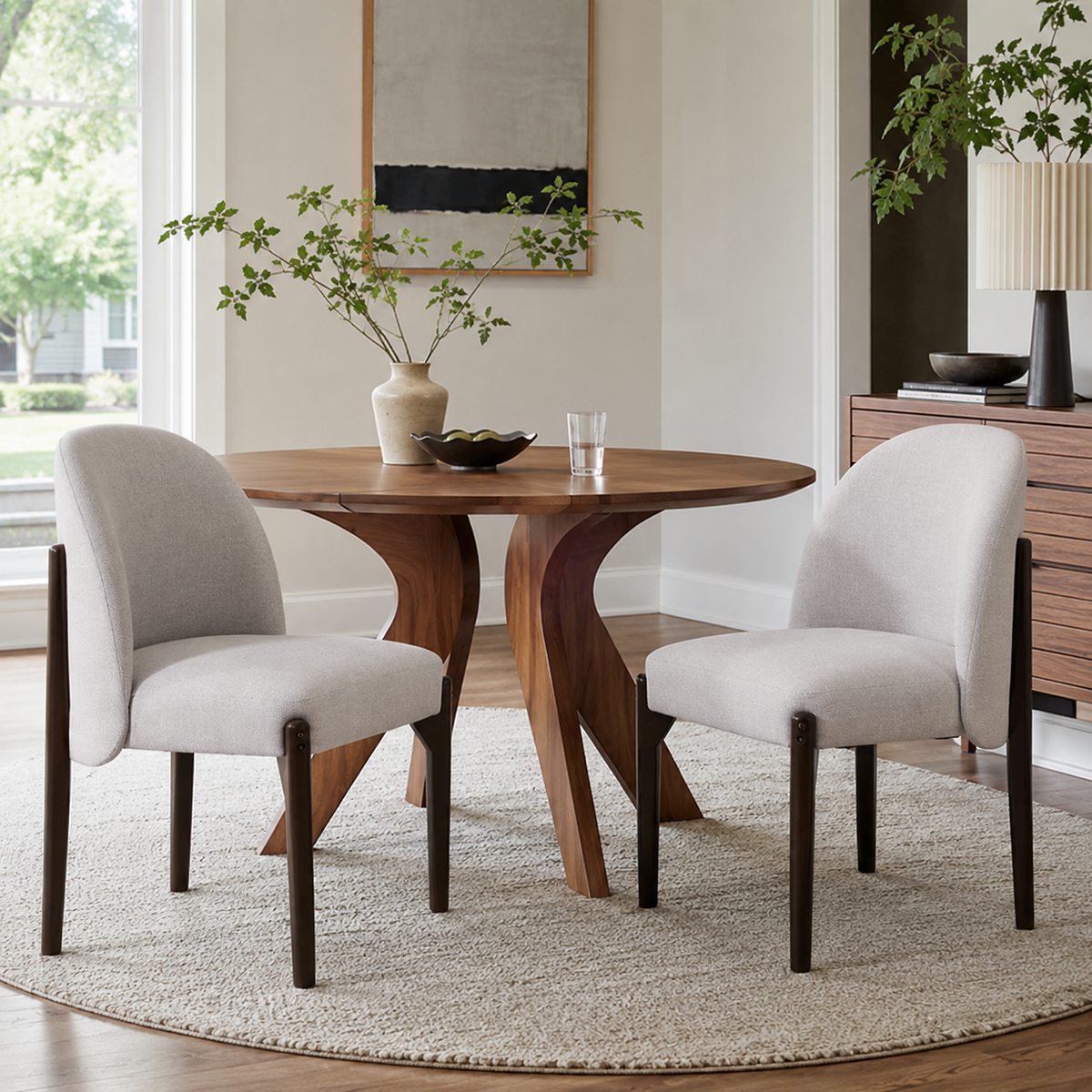 Orta gray upholstered barrel back dining chairs with solid rubberwood legs around a round dining table