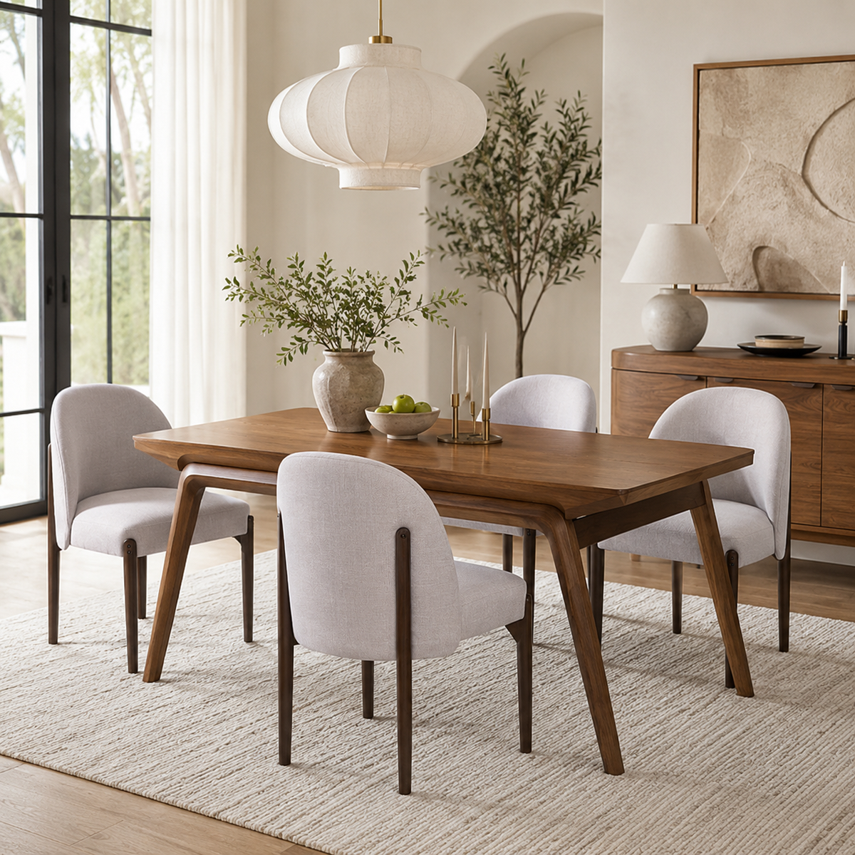 Orta gray barrel back dining chairs beside a table in a cozy contemporary room