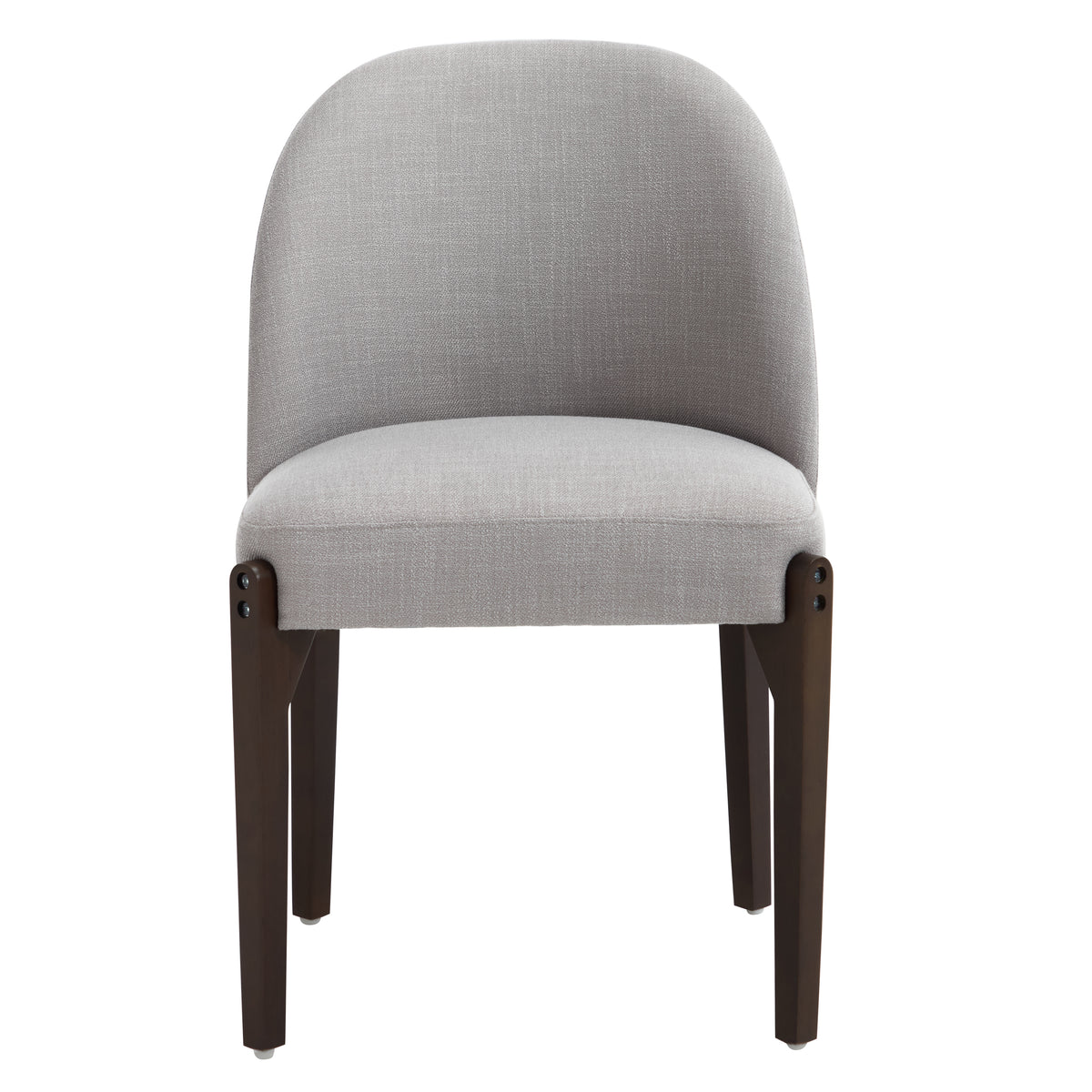 Orta gray upholstered barrel back dining chair straight front view on white background