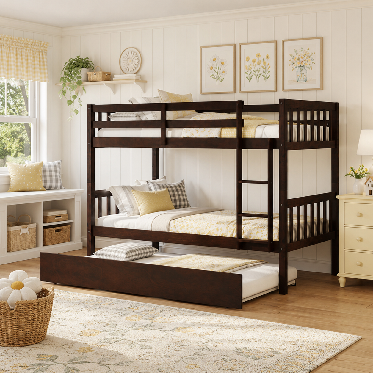 Osvin espresso bunk bed showing a twin over twin setup with trundle in a warm bedroom