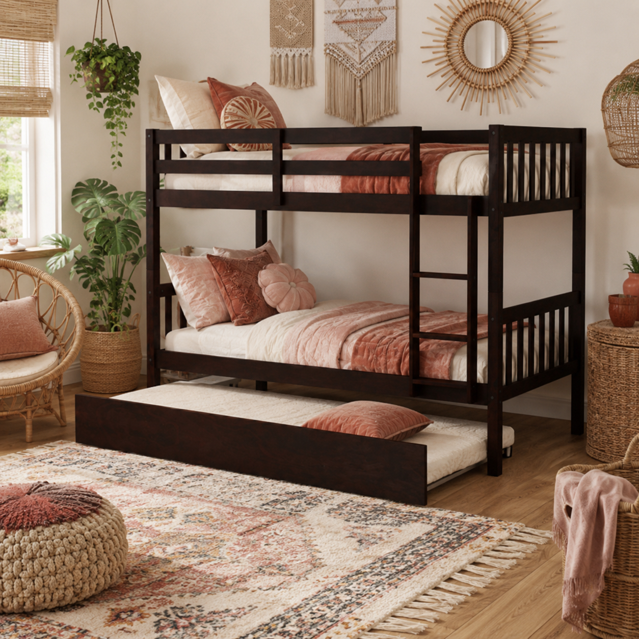 Osvin espresso bunk bed showing a twin over twin configuration with trundle in a cozy bedroom