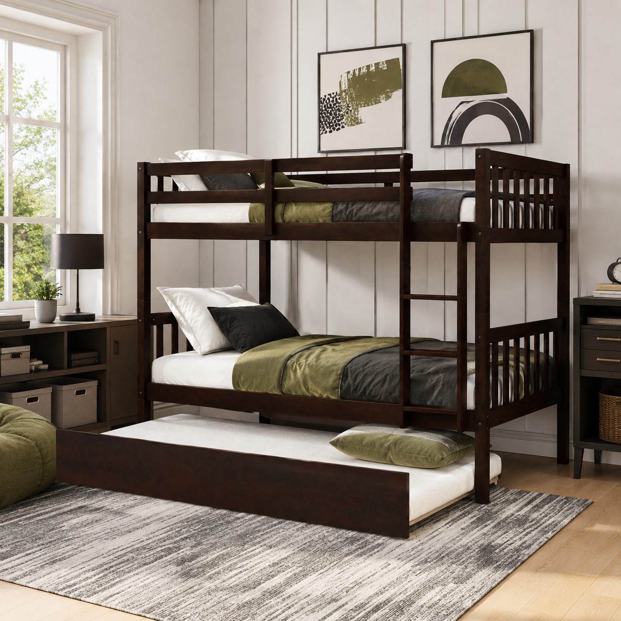 Osvin espresso bunk bed showing a bedroom setup with guardrails and twin trundle