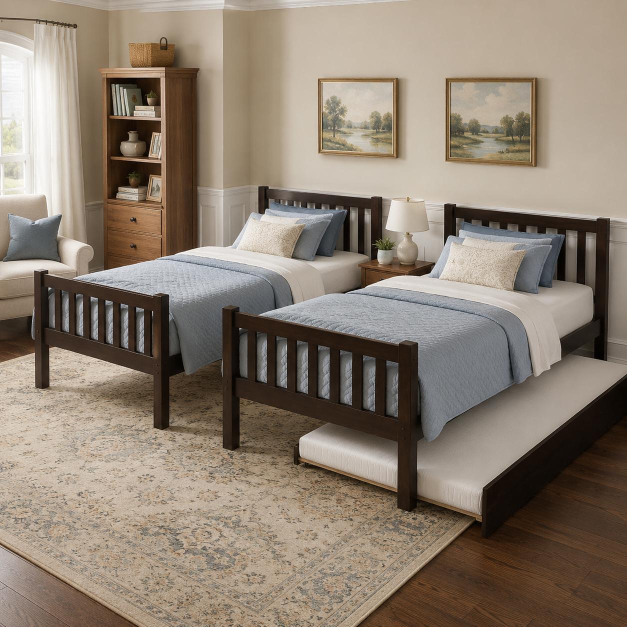 Osvin espresso bunk bed showing two separate twin beds after conversion in a warm bedroom