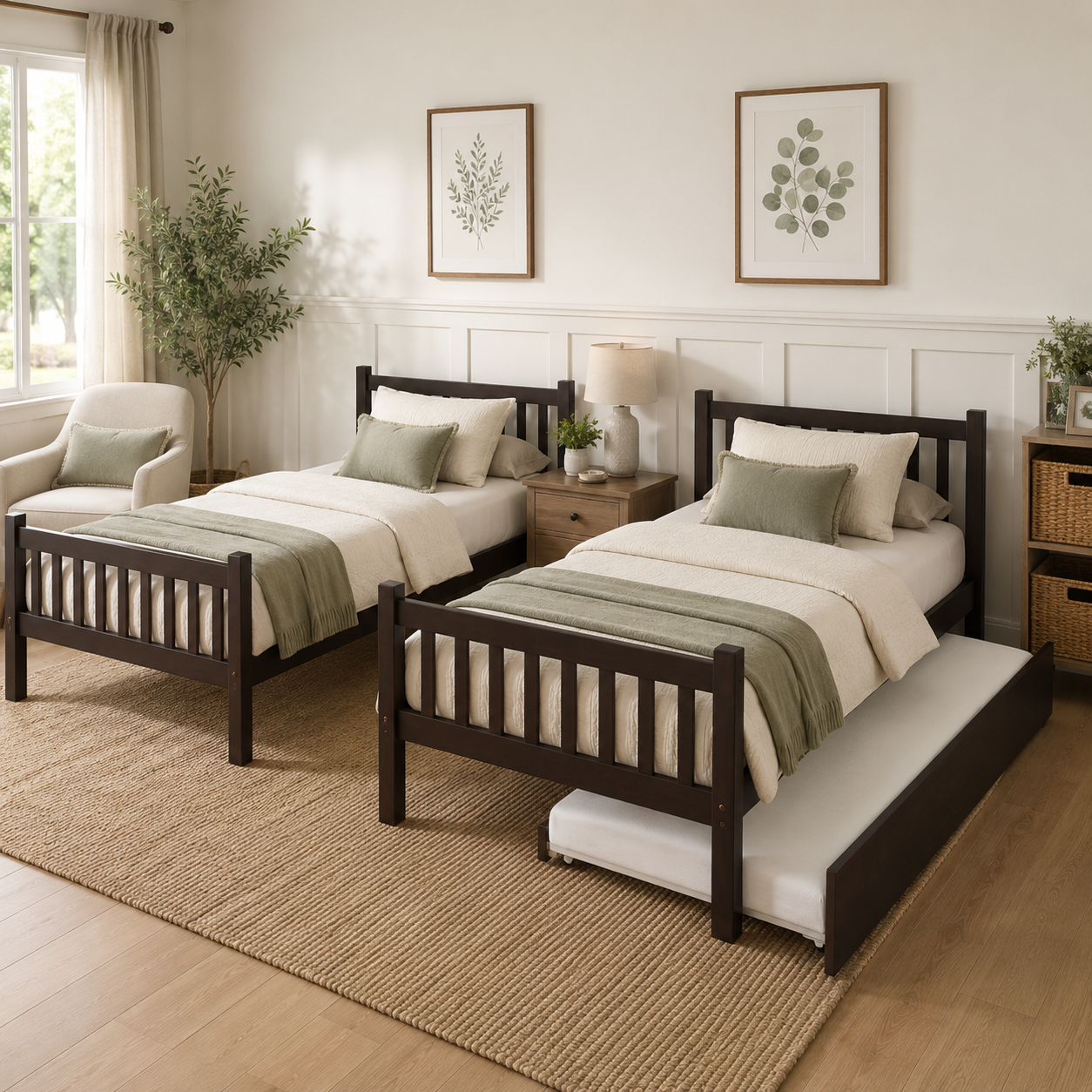 Osvin espresso bunk bed showing two converted twin beds arranged separately in a neutral room