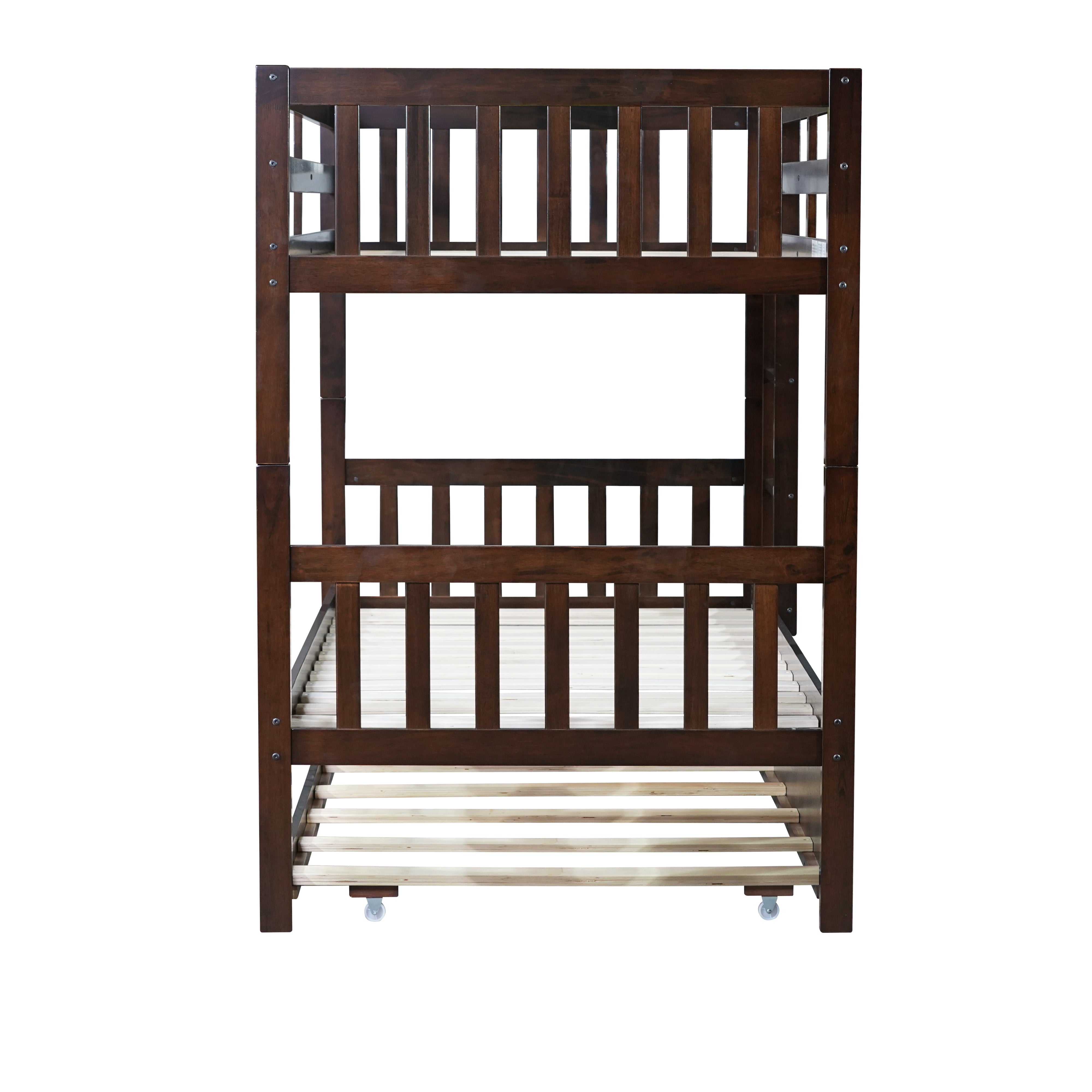 Osvin espresso bunk bed showing the side view with guardrails on white background