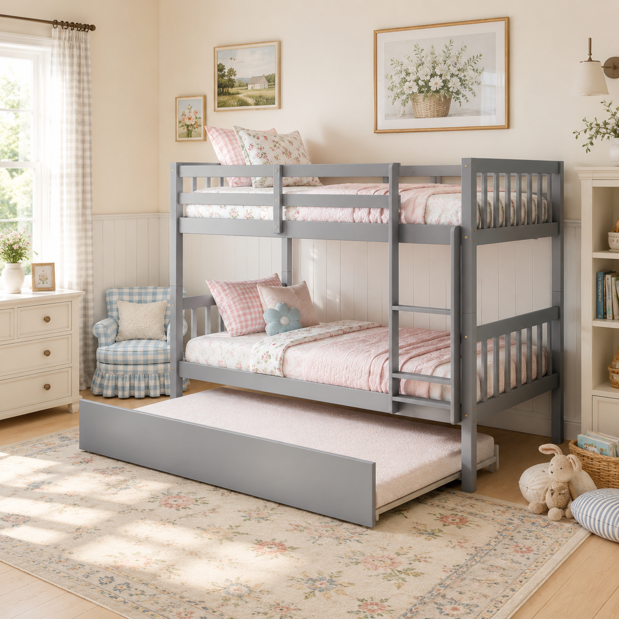 Osvin gray bunk bed showing a twin over twin setup with trundle in a bright bedroom
