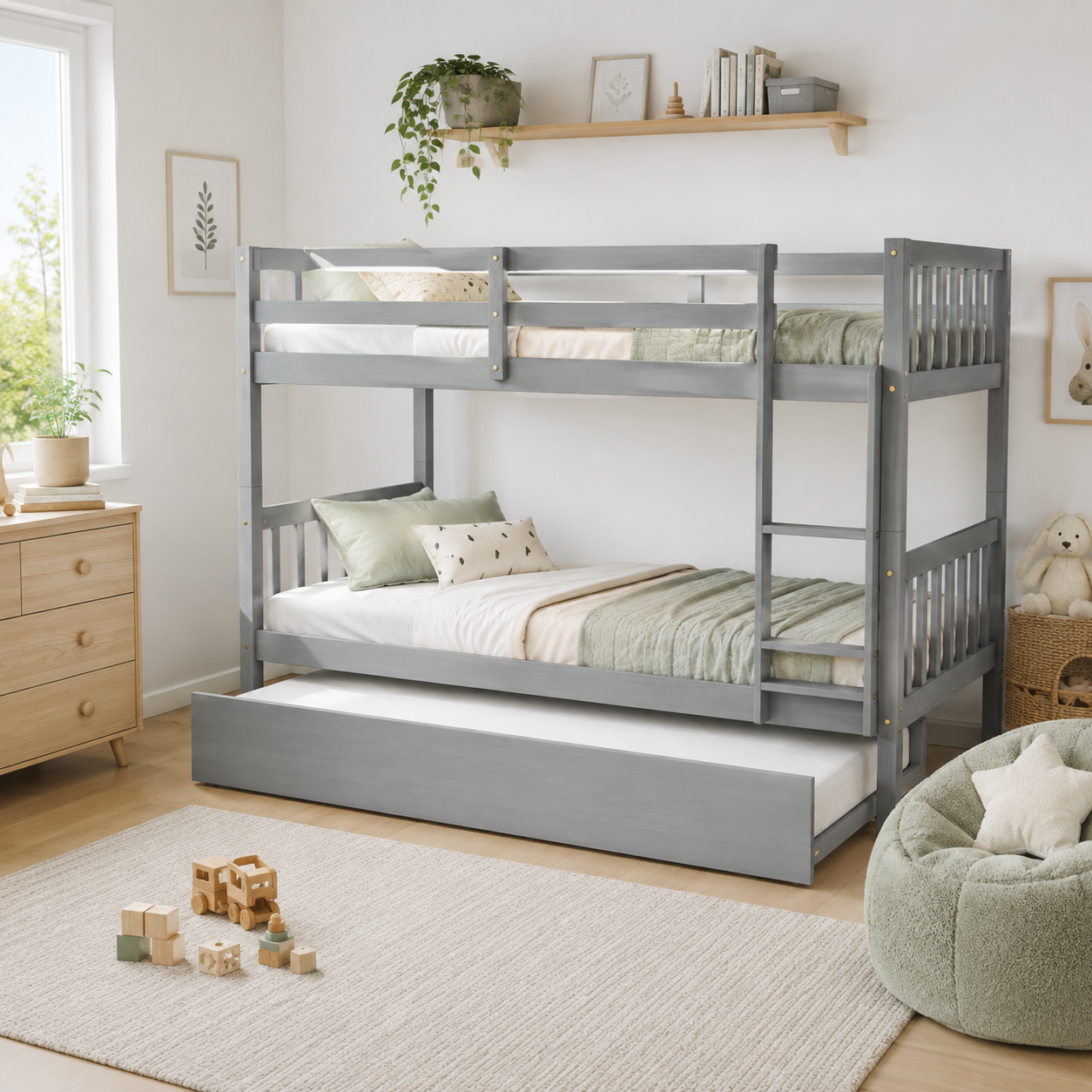 Osvin gray bunk bed showing a twin over twin configuration with guardrails in a neutral bedroom