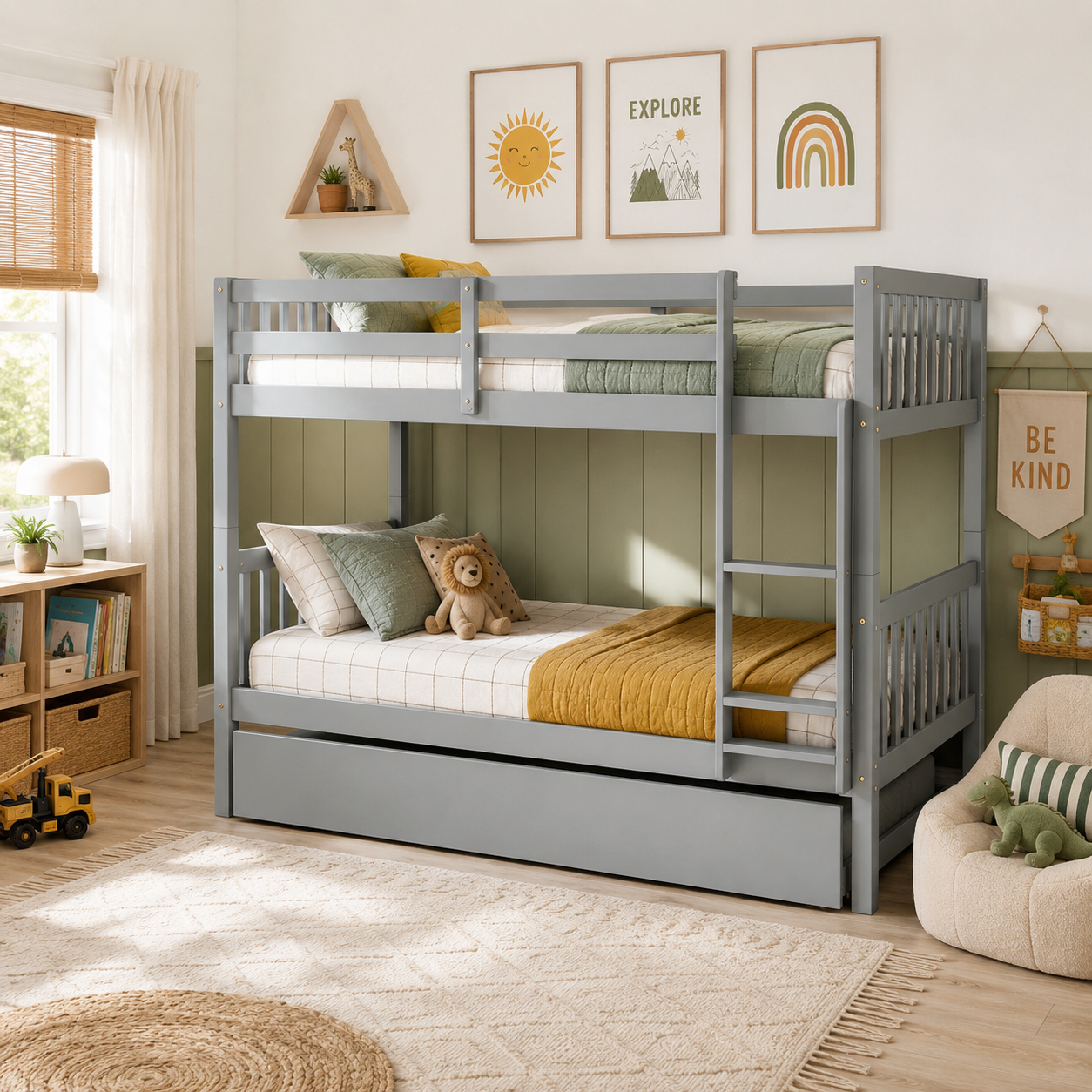 Osvin gray bunk bed showing a bedroom setup with twin trundle beneath the lower sleeping area