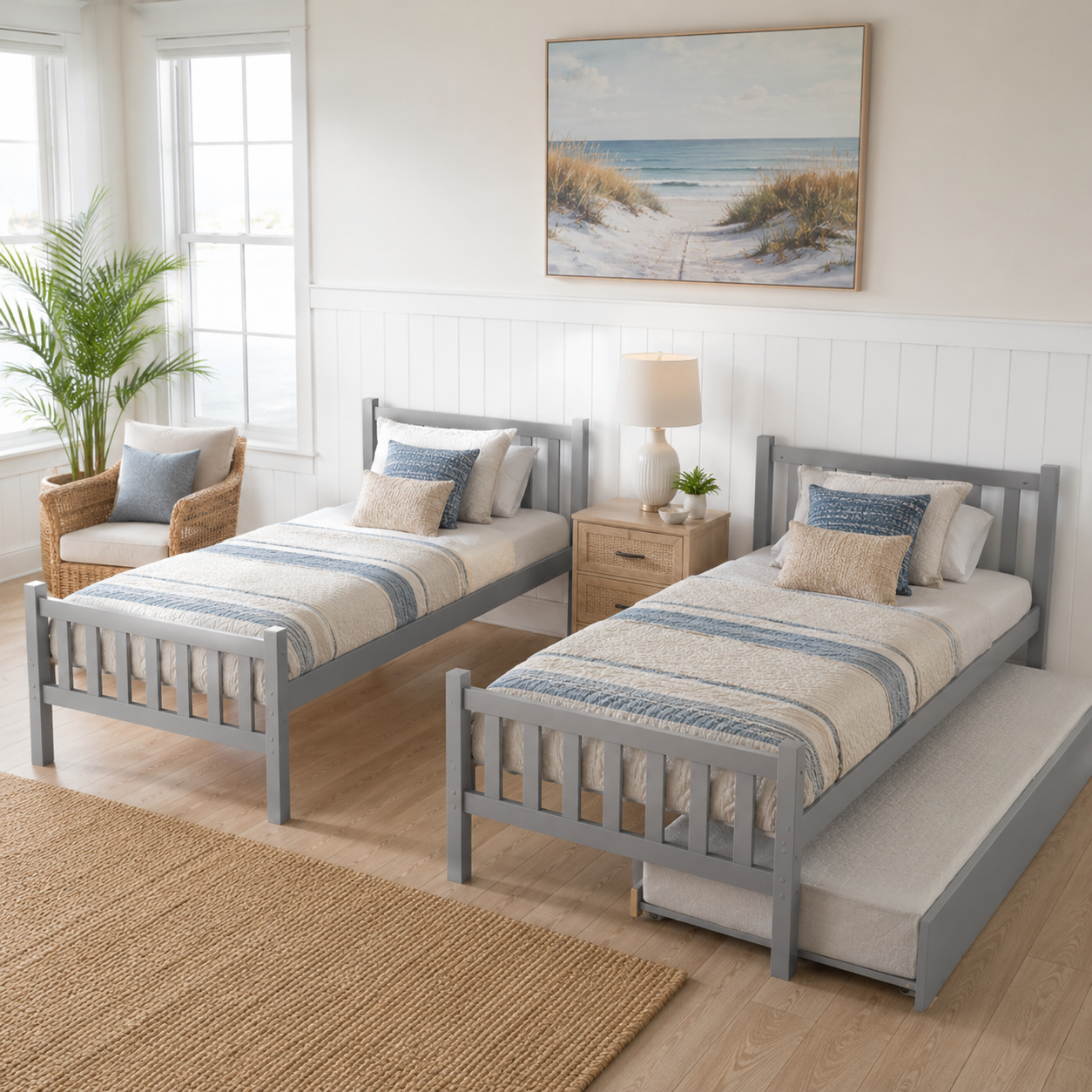 Osvin gray bunk bed showing two separate twin beds after conversion in a bright bedroom