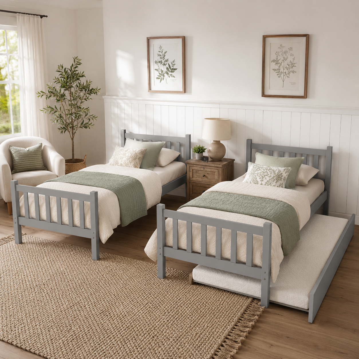 Osvin gray bunk bed showing two converted twin beds arranged separately in a neutral bedroom