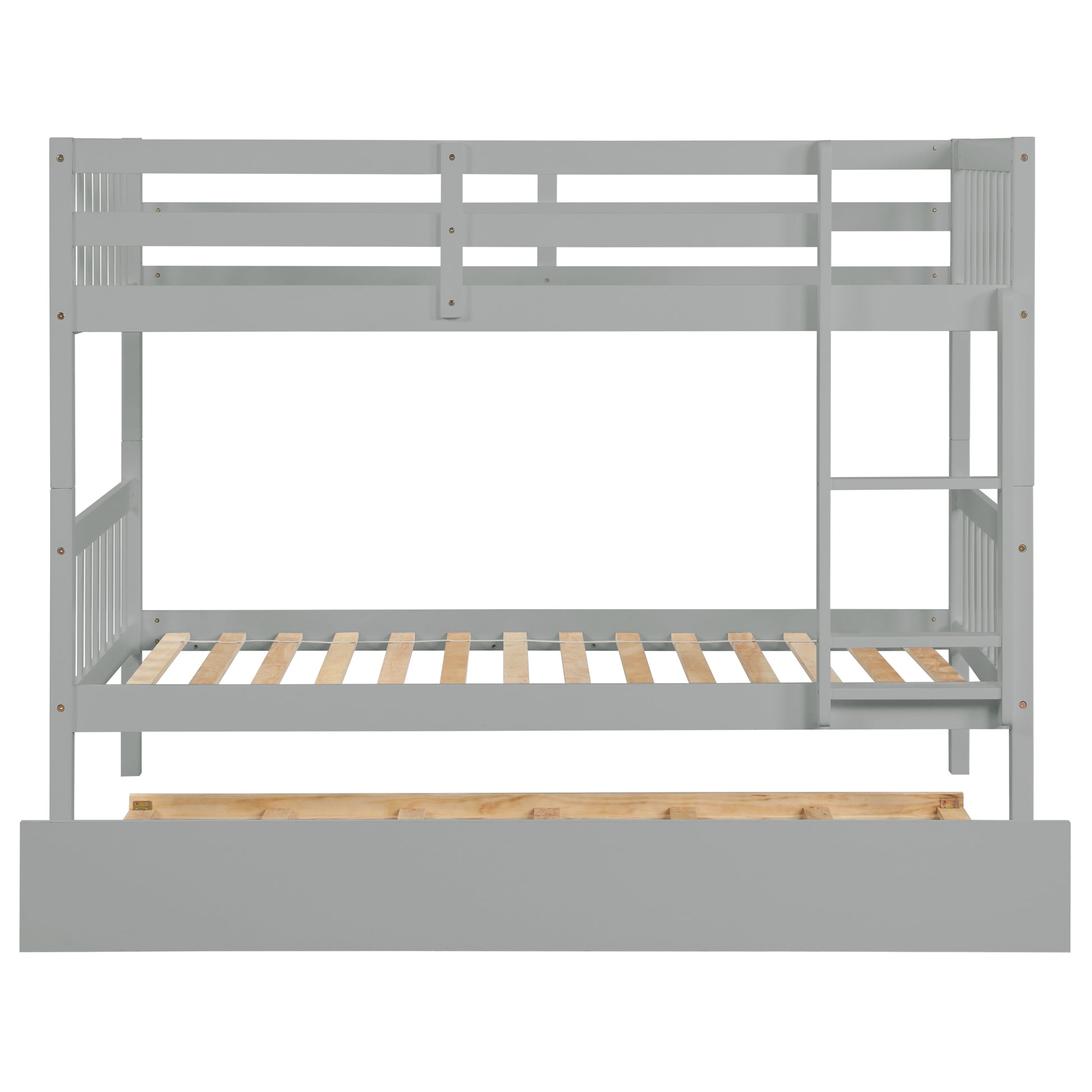 Osvin gray bunk bed showing the front view with full-length guardrails on white background