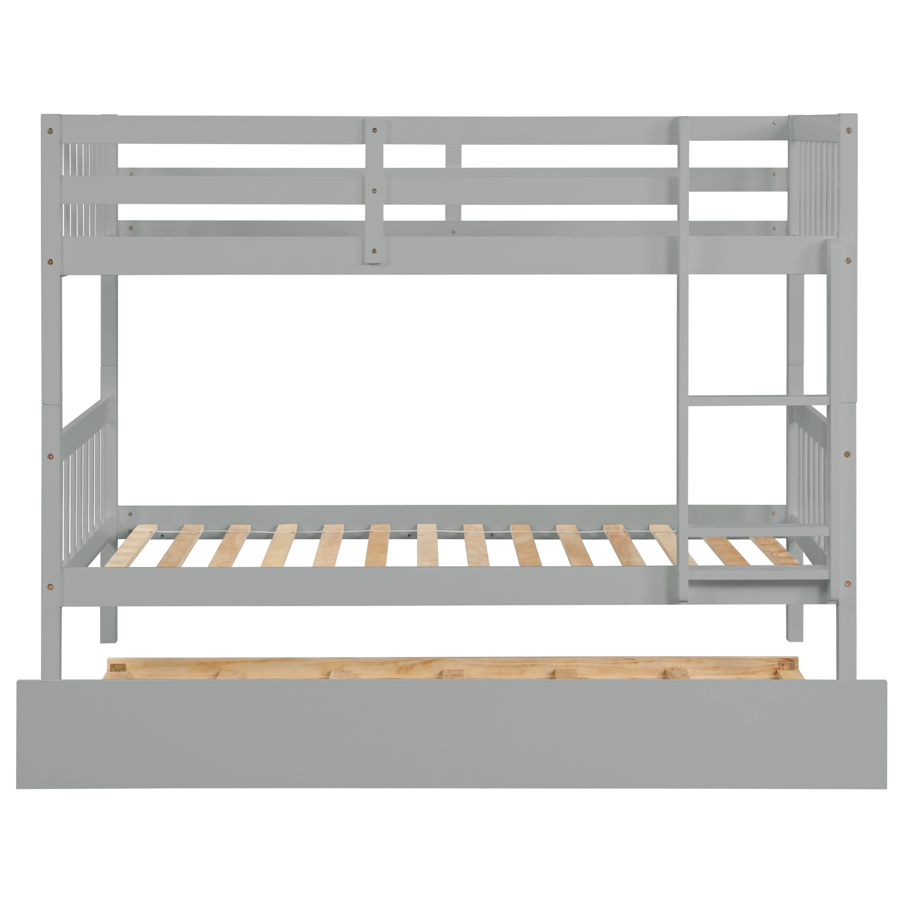 Osvin gray bunk bed showing the front view with full-length guardrails on white background