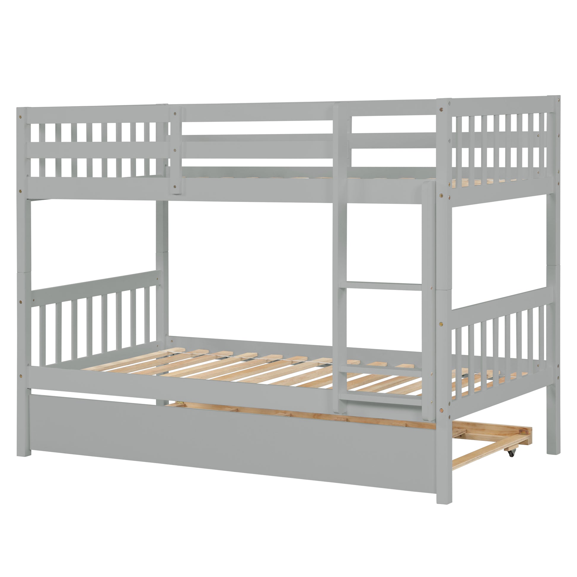 Osvin gray bunk bed showing a side angled view with upper guardrails on white background