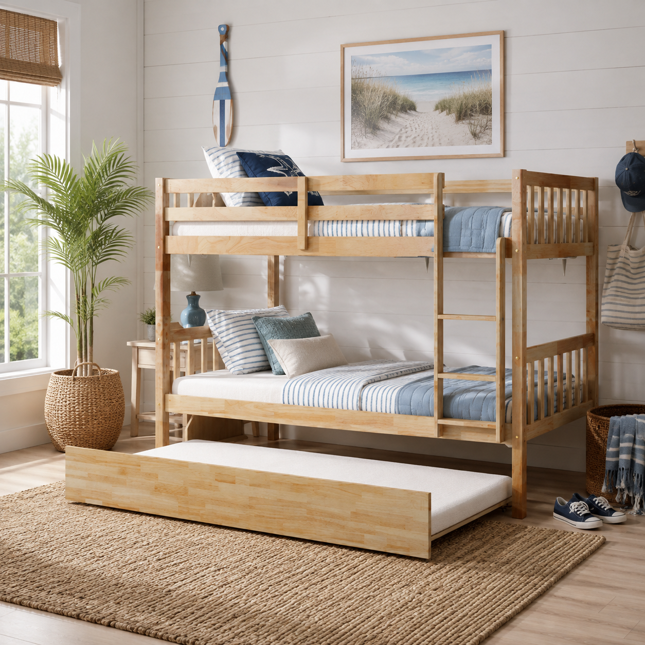 Osvin oak bunk bed showing a twin over twin setup with twin trundle in a bright bedroom