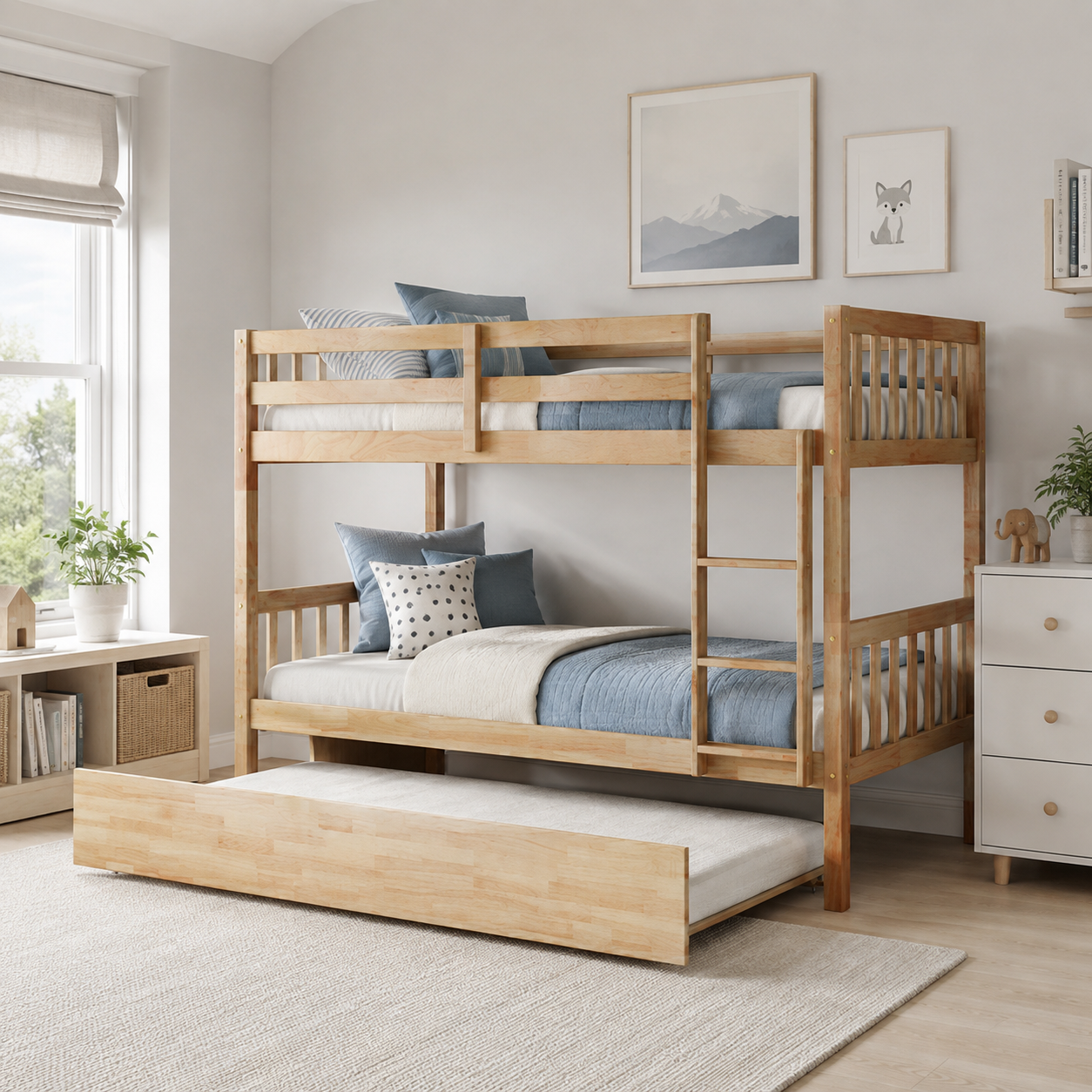 Osvin oak bunk bed showing a bedroom setup with trundle extended beneath the lower bed
