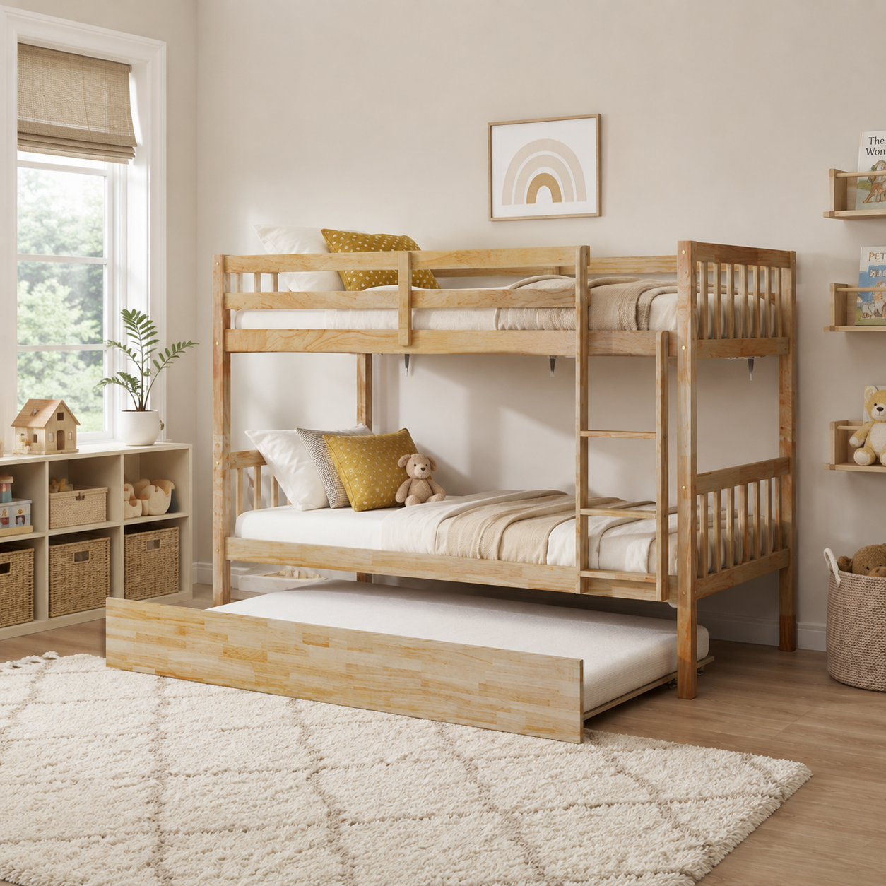Osvin oak bunk bed showing a twin over twin configuration with trundle in a warm bedroom