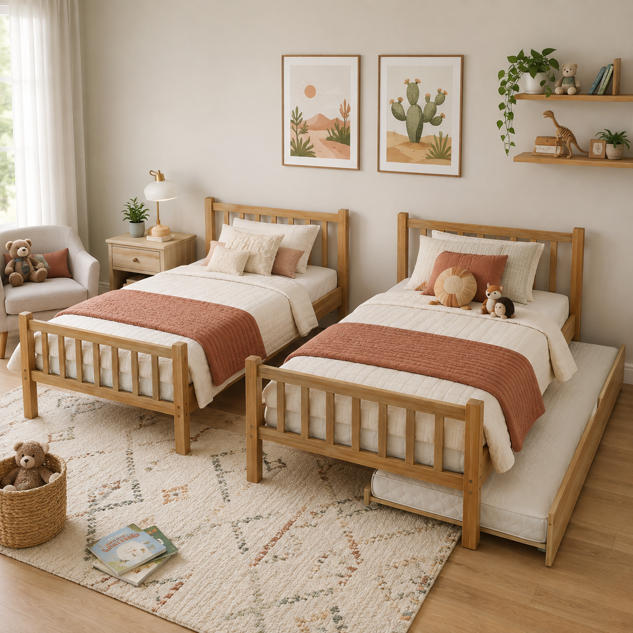 Osvin oak bunk bed showing two separate twin beds after conversion in a bright bedroom