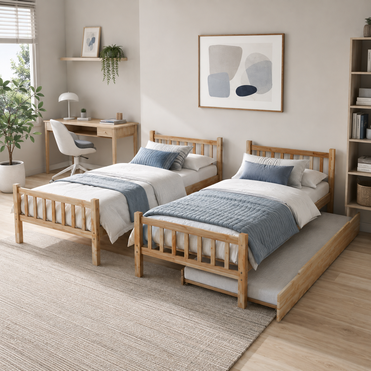 Osvin oak bunk bed showing two converted twin beds arranged separately in a neutral bedroom