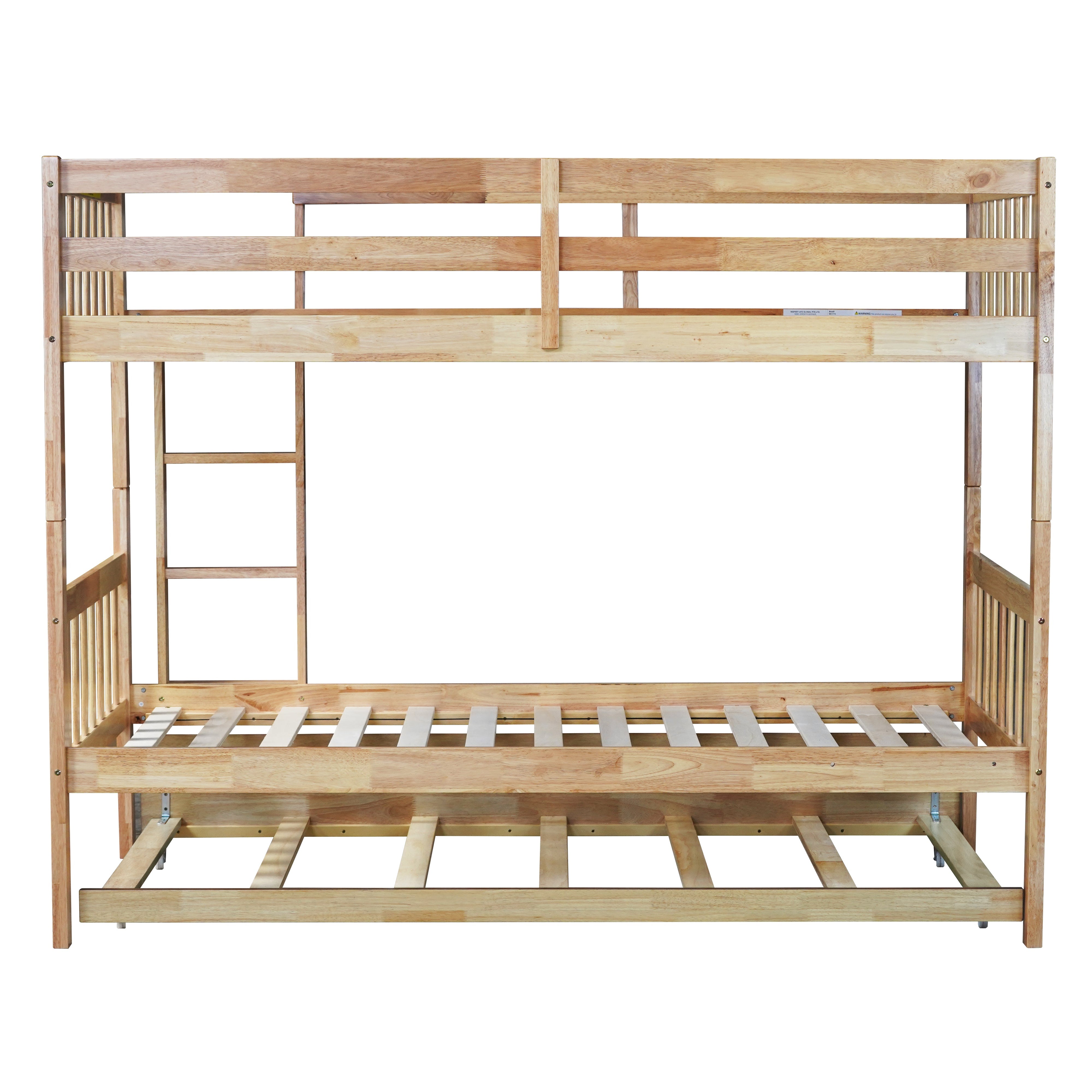 Osvin oak bunk bed showing the rear view with twin trundle and full-length guardrails on white background