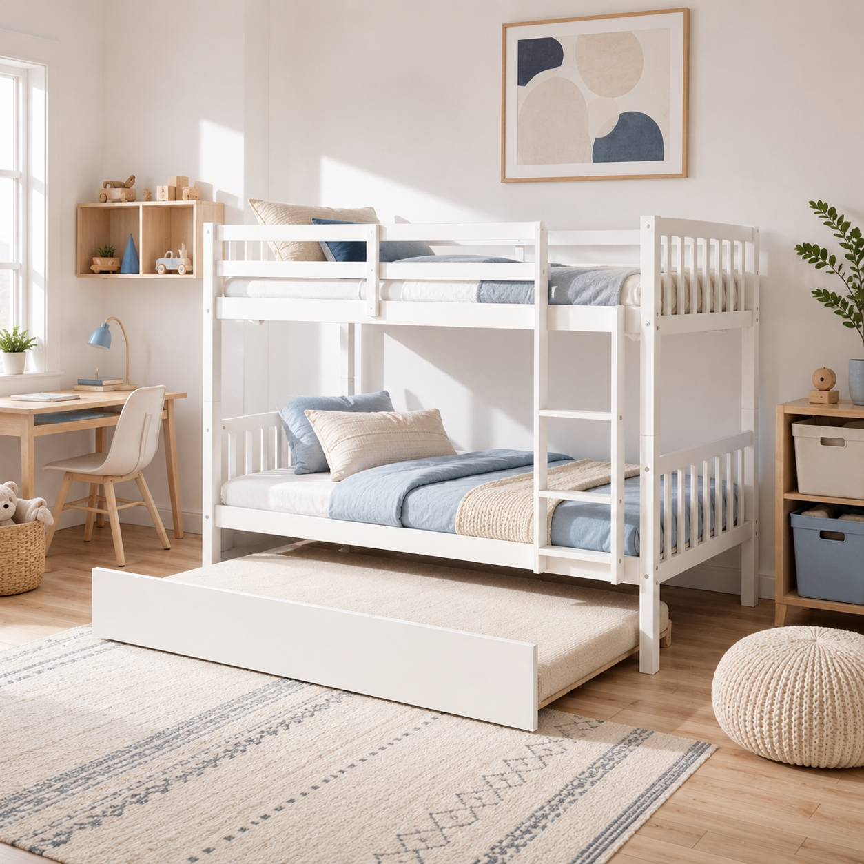 Osvin white bunk bed showing a twin over twin setup with trundle in a bright bedroom