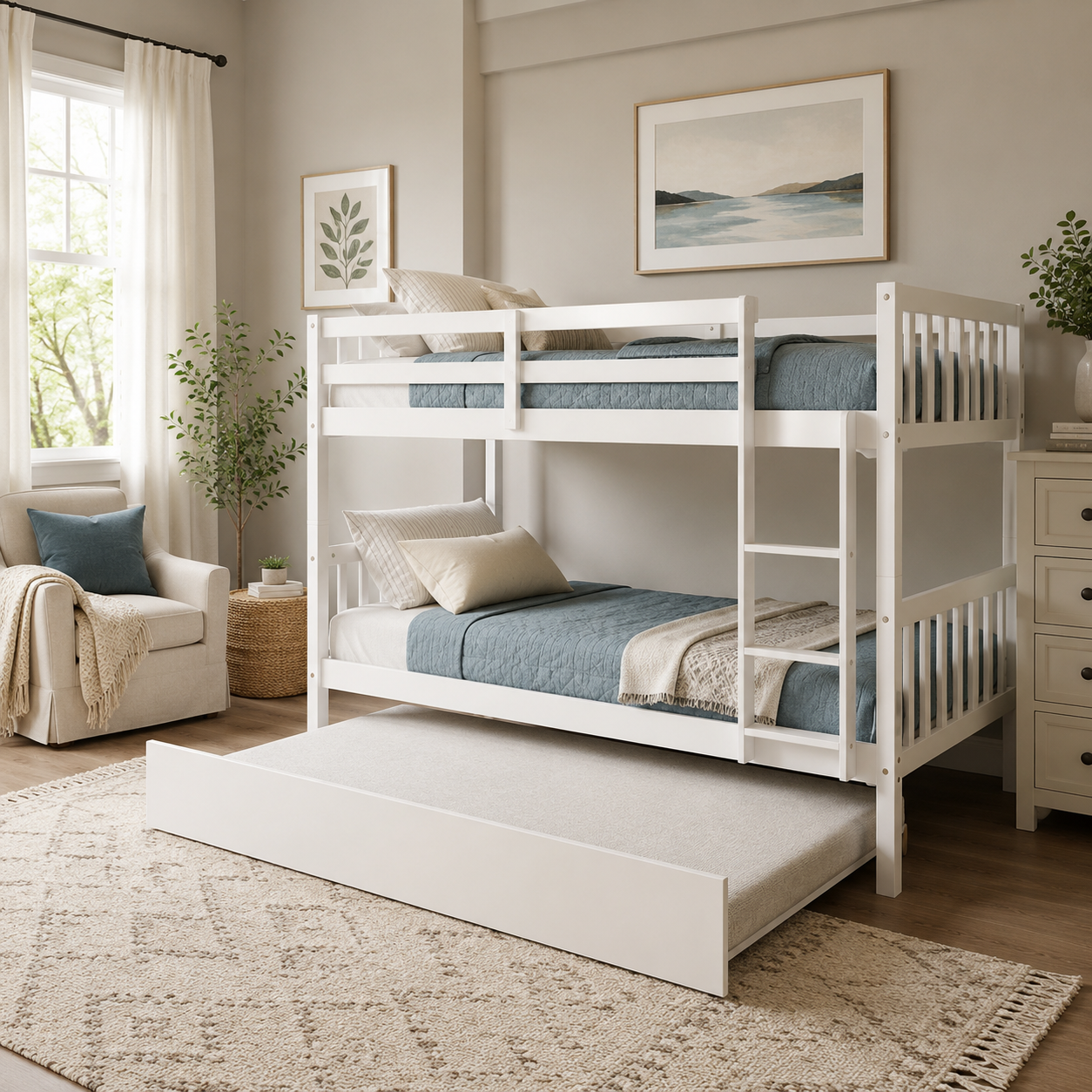 Osvin white bunk bed showing a bedroom setup with twin trundle beneath the lower bed