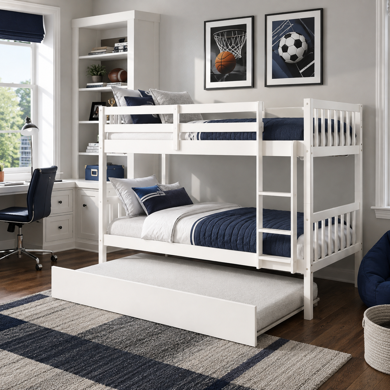 Osvin white bunk bed showing a twin over twin configuration with guardrails in a bright room
