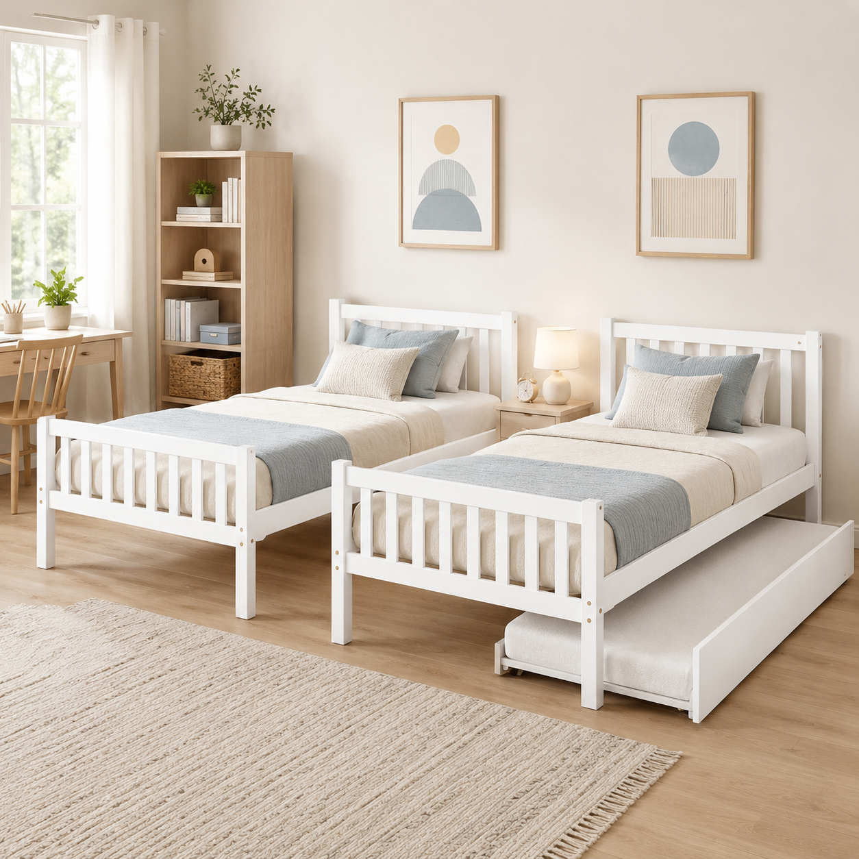 Osvin white bunk bed showing two separate twin beds after conversion in a neutral bedroom