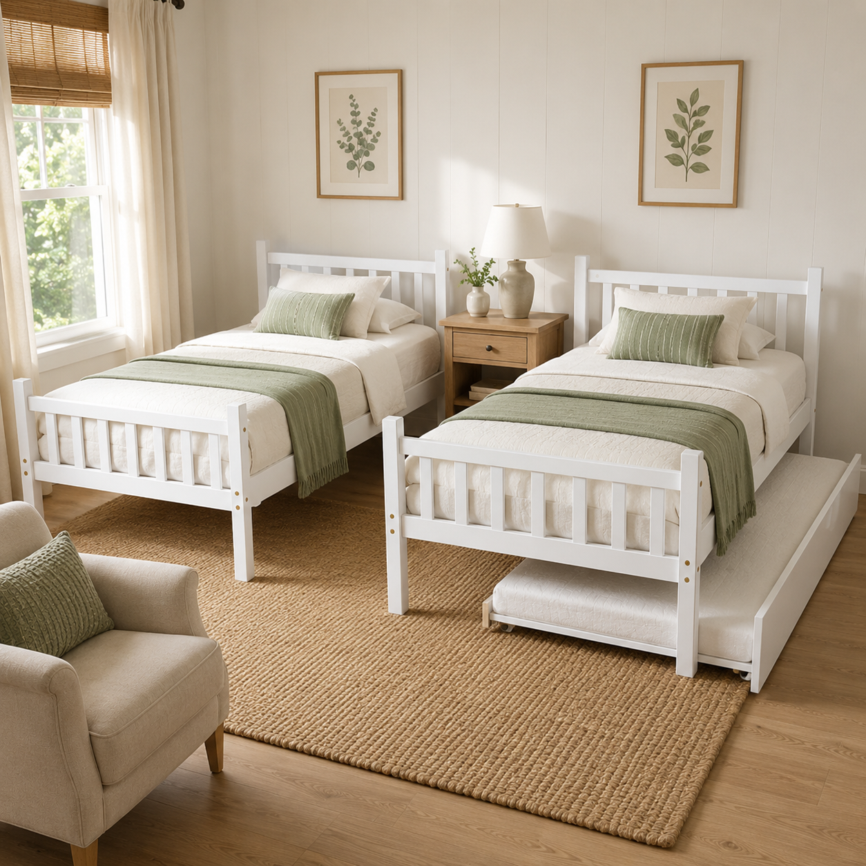 Osvin white bunk bed showing two converted twin beds arranged separately in a bright room
