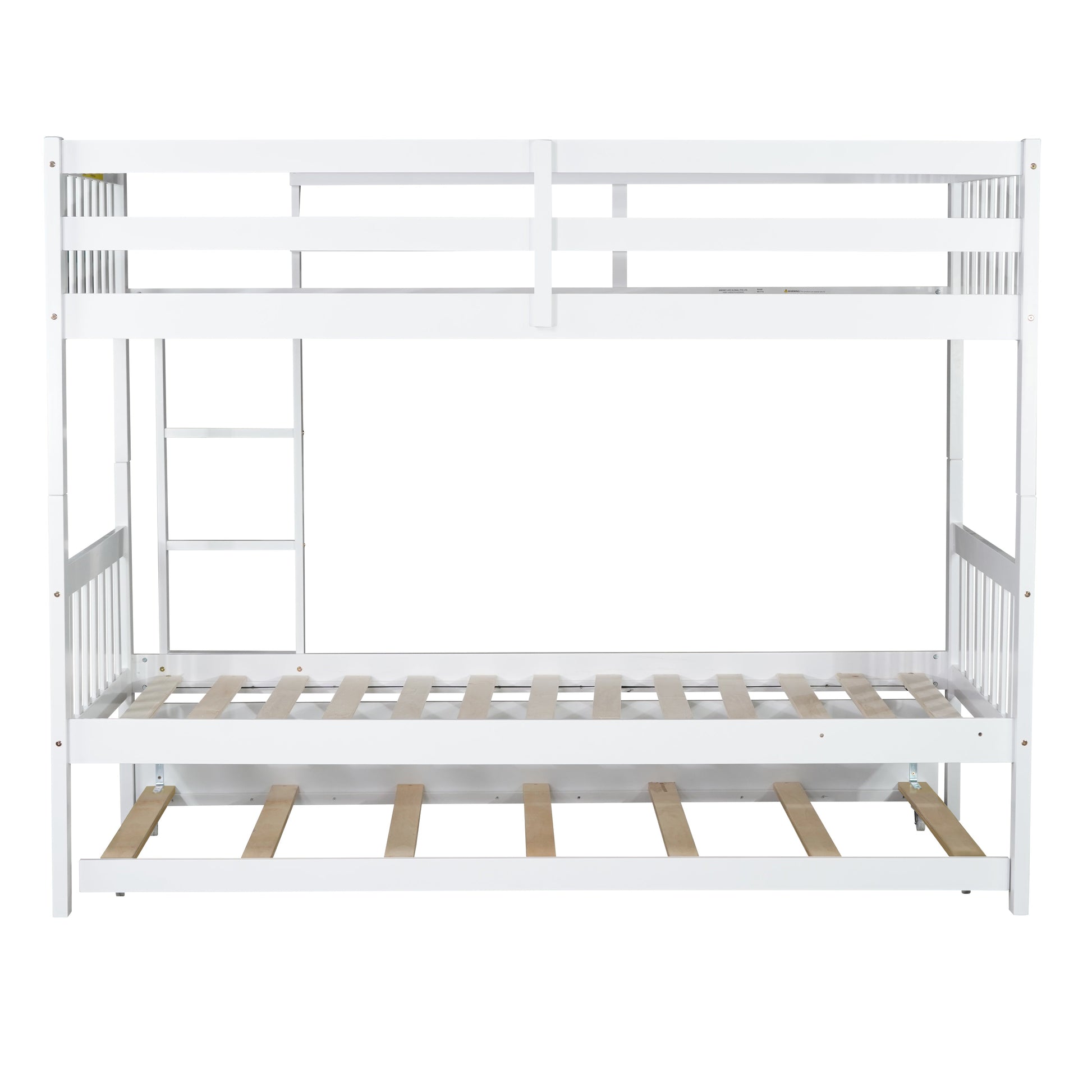 Osvin white bunk bed showing the rear view with twin trundle and guardrails on white background