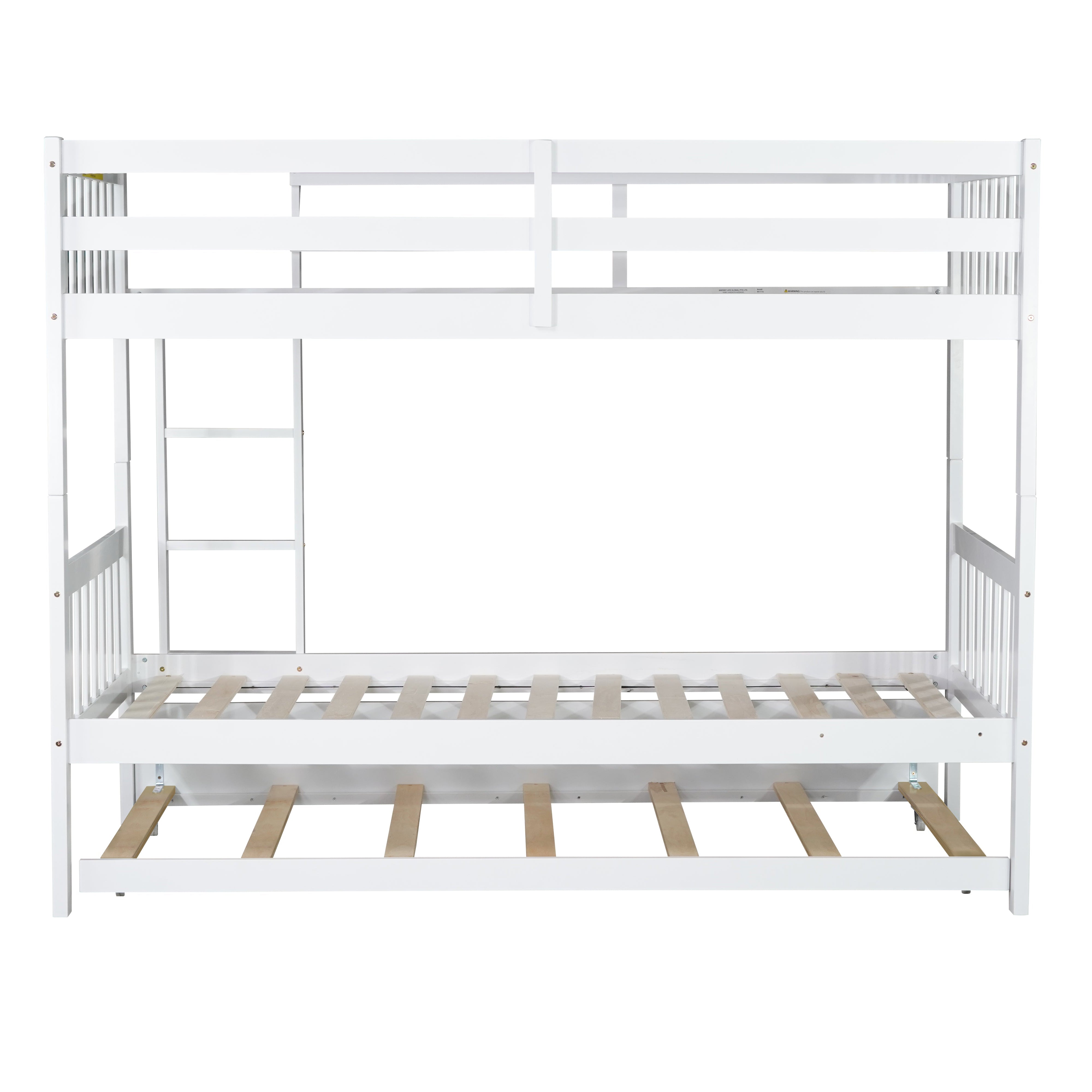 Osvin white bunk bed showing the rear view with twin trundle and guardrails on white background
