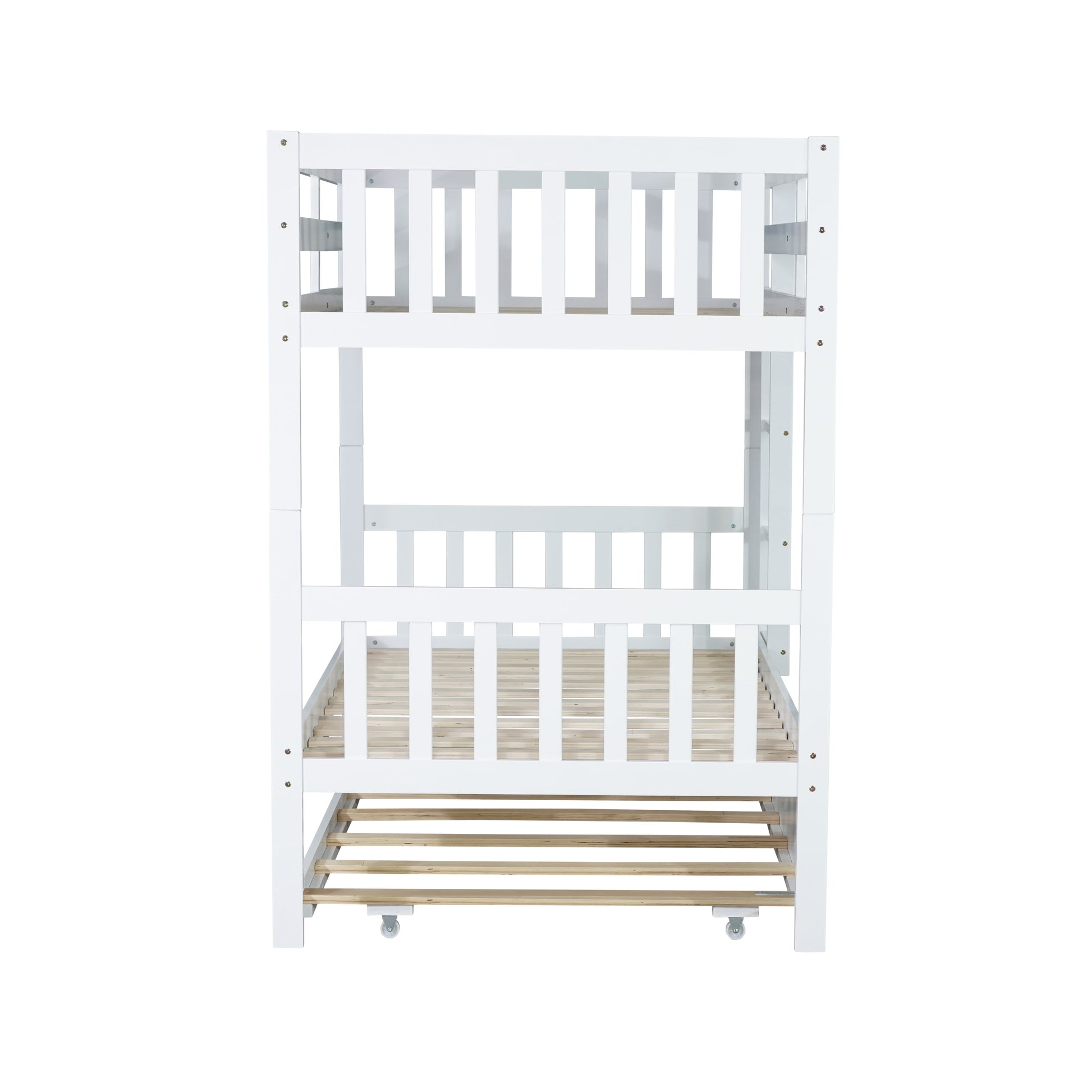 Osvin white bunk bed showing the side view with slatted guardrails on white background