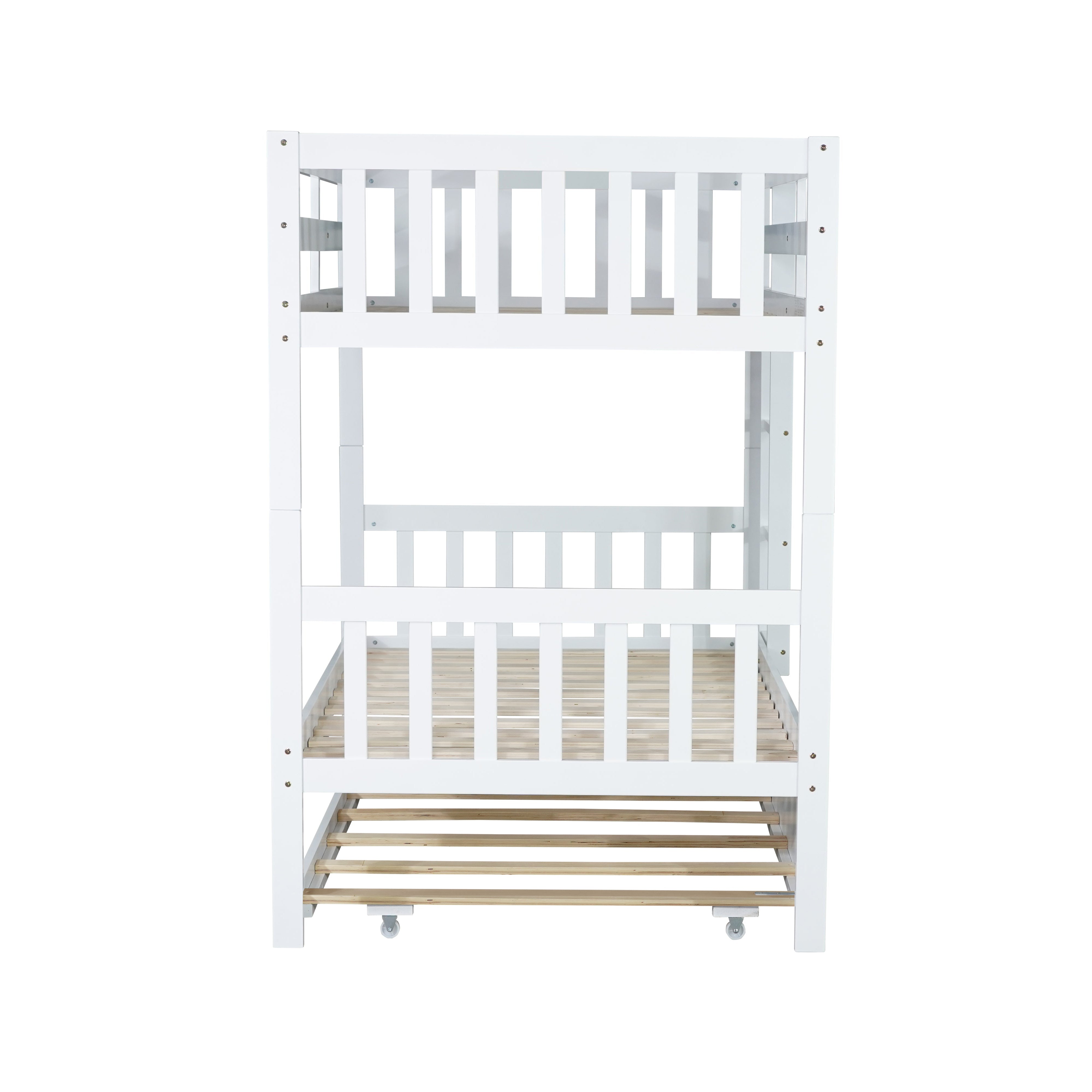Osvin white bunk bed showing the side view with slatted guardrails on white background