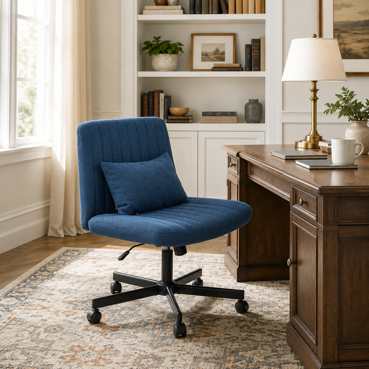 Ovina blue wide seat armless office chair in a bright home office with wood desk and shelving