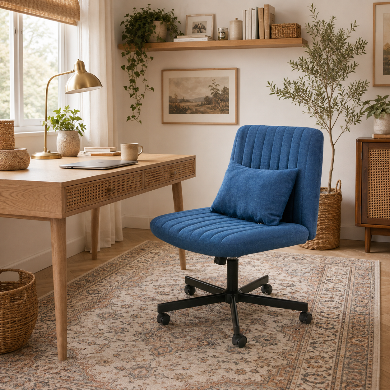 Ovina blue armless office chair with wide cushioned seat in a modern home workspace