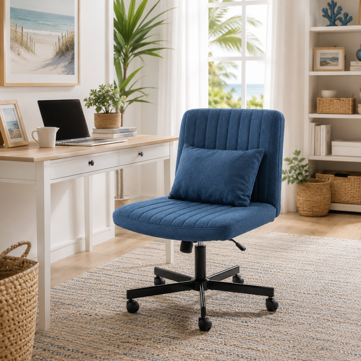 Ovina blue wide seat office chair in a warm office setting with natural wood furniture