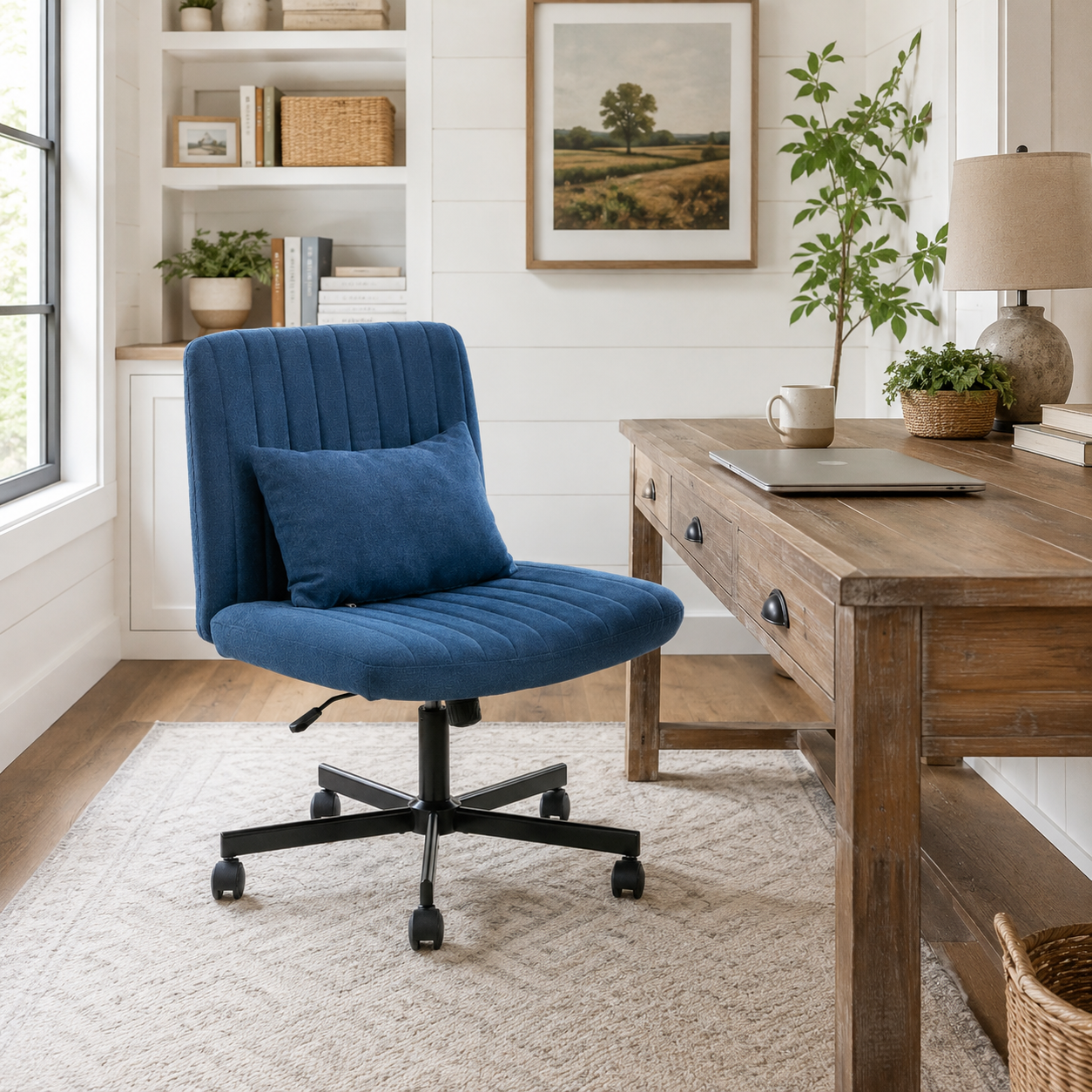 Ovina blue armless office chair beside a desk in a bright room with plants and wall art