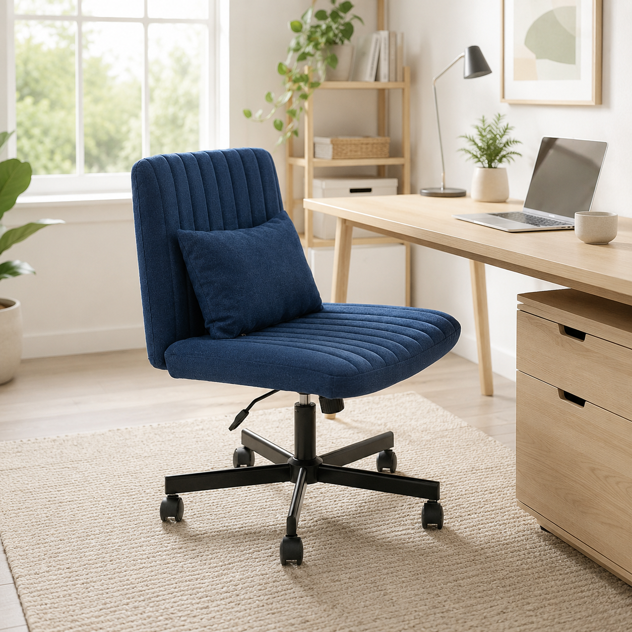 Ovina blue wide seat office chair in a cozy home office with neutral decor