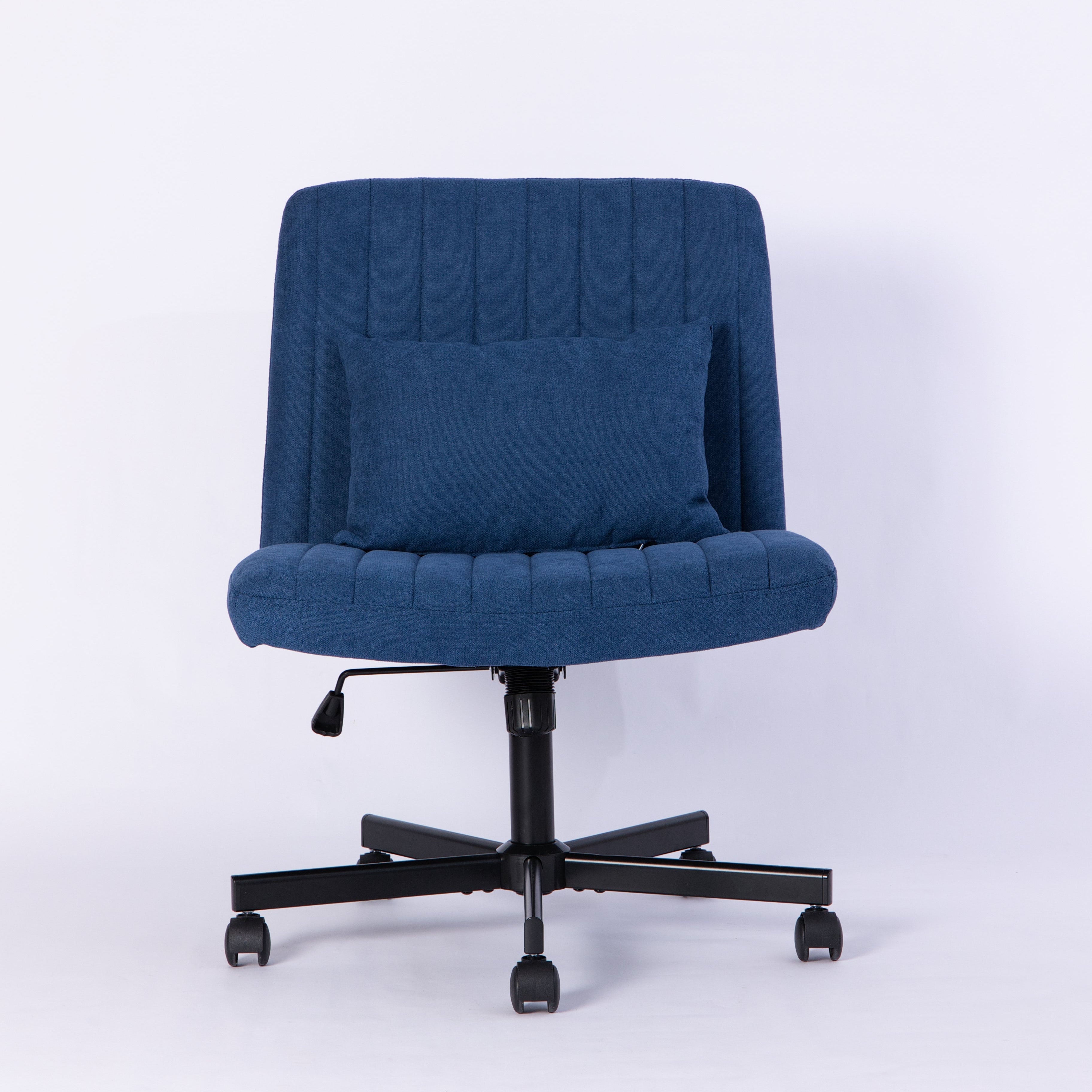 Ovina blue wide seat armless office chair straight front view on white background