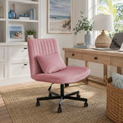 Ovina pink wide seat armless office chair in a cozy home office with wood desk and neutral decor