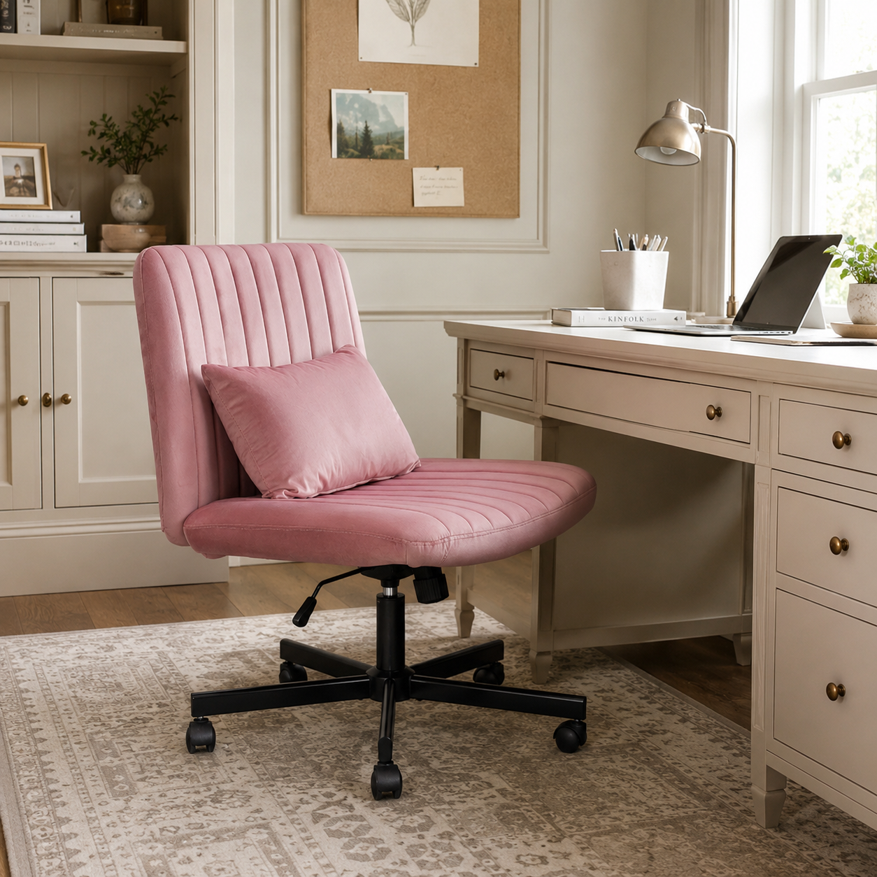 Ovina pink armless office chair with wide cushioned seat in a warm modern workspace