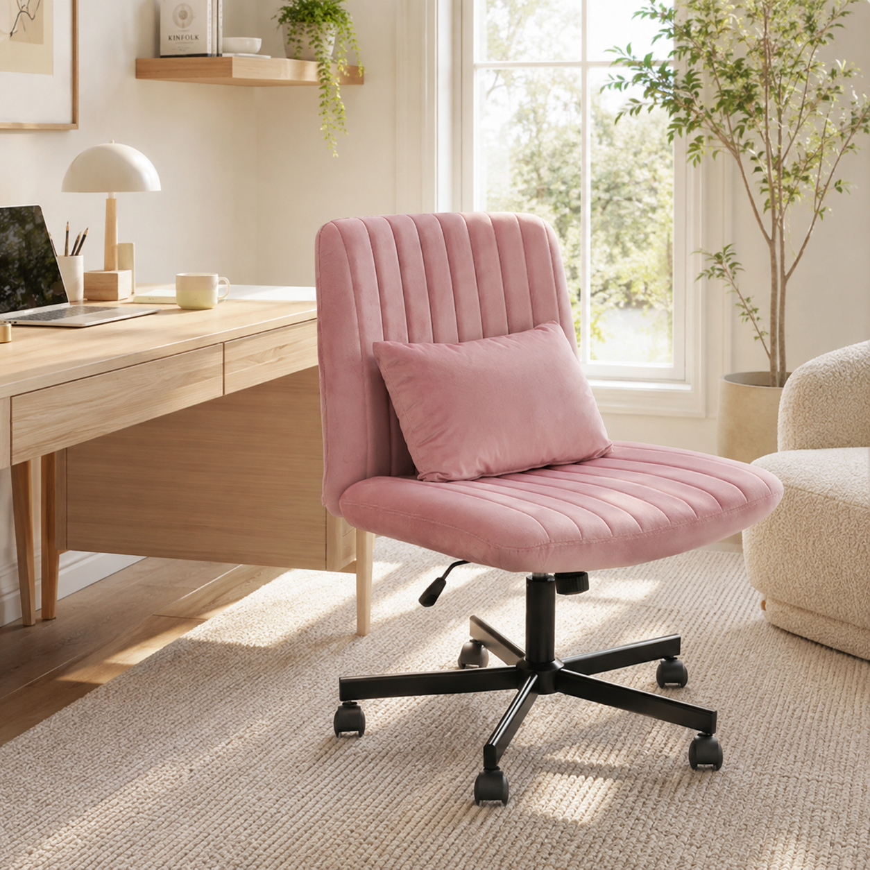 Ovina pink wide seat office chair beside a desk in a bright contemporary home office