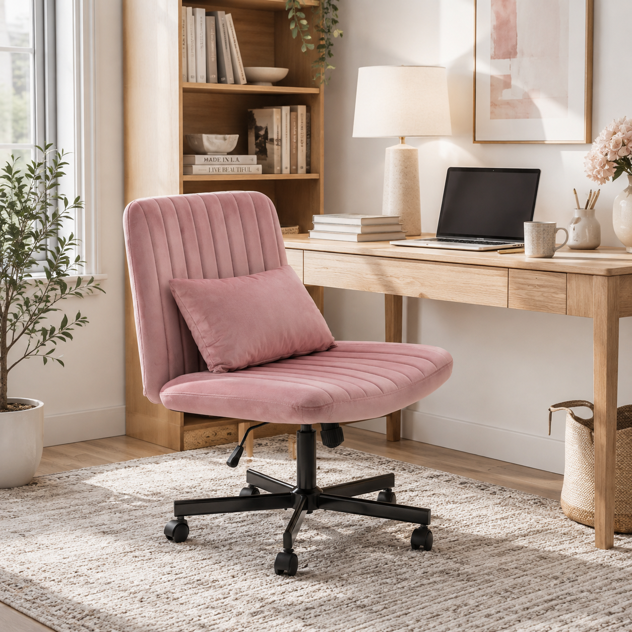 Ovina pink armless office chair in a stylish workspace with soft neutral furnishings