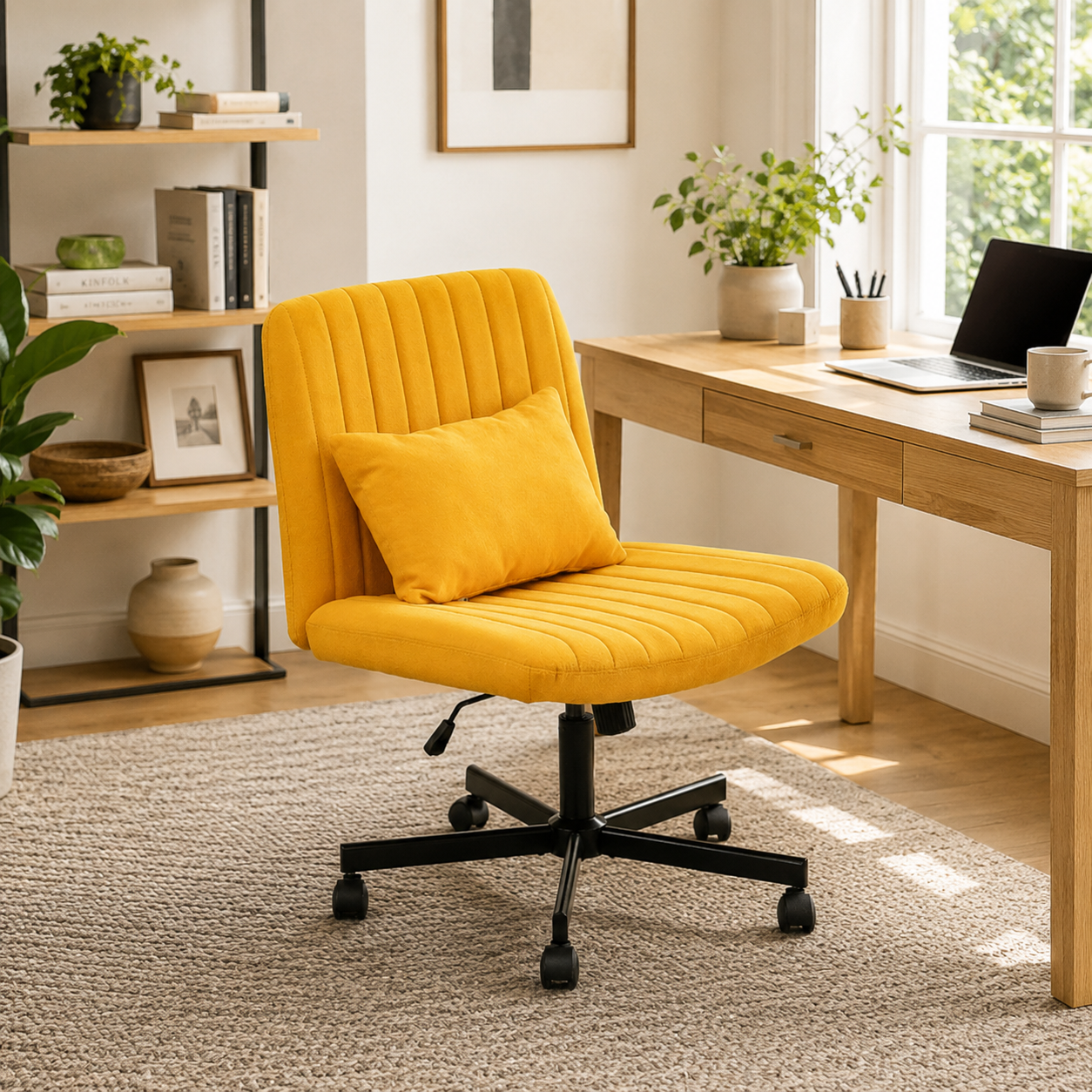Ovina yellow wide seat armless office chair in a bright home office with a wood desk