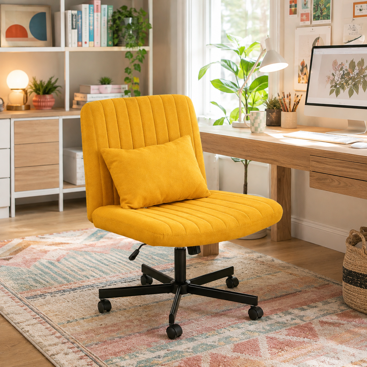 Ovina yellow armless office chair with wide cushioned seat in a warm modern workspace