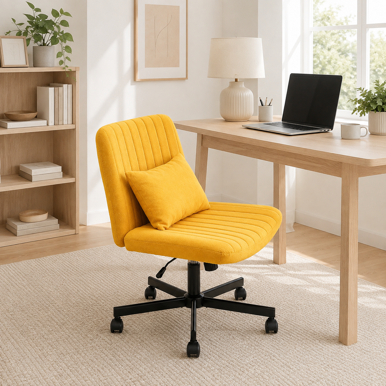 Ovina yellow wide seat office chair in a cozy home office with neutral decor