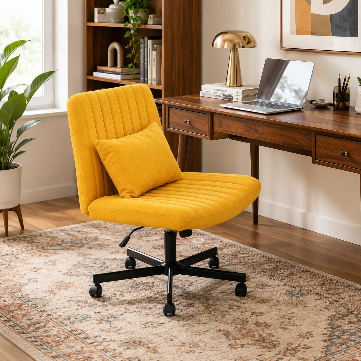Ovina yellow armless office chair beside a desk in a bright contemporary room