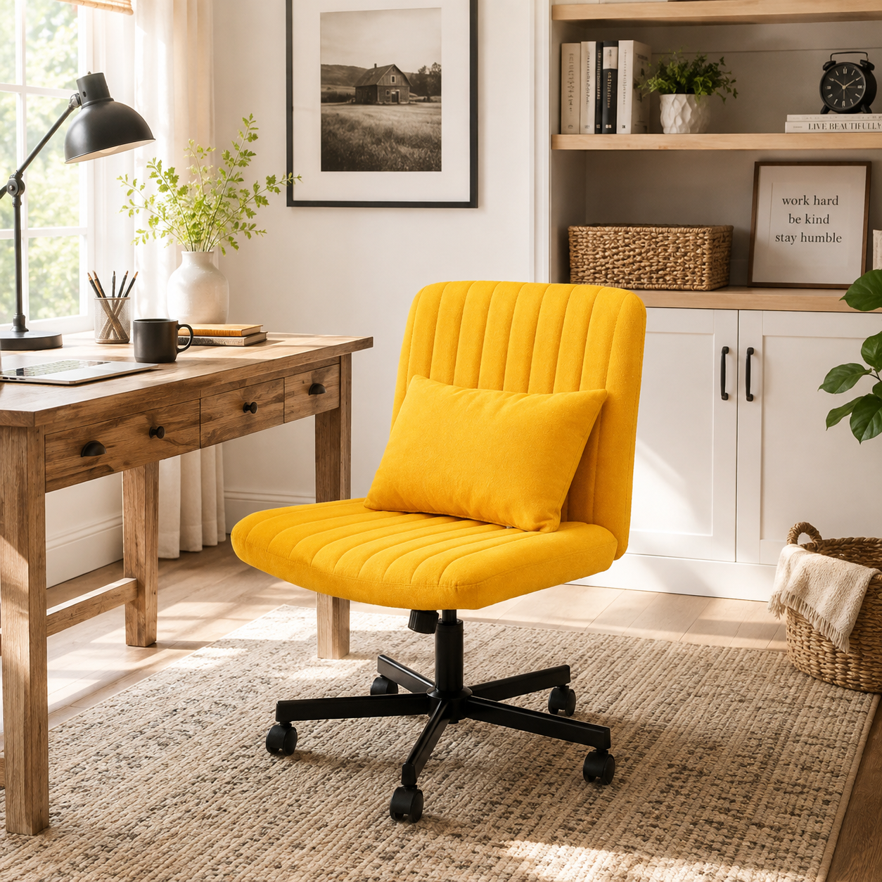 Ovina yellow wide seat office chair in a stylish workspace with wood furniture and plants